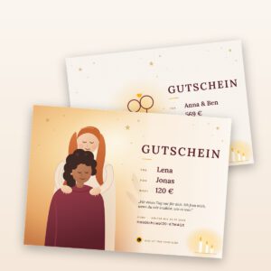 Geschenkgutschein von Eye of the Tantra mit weinroter Leiste, Logo und goldenen Sternen