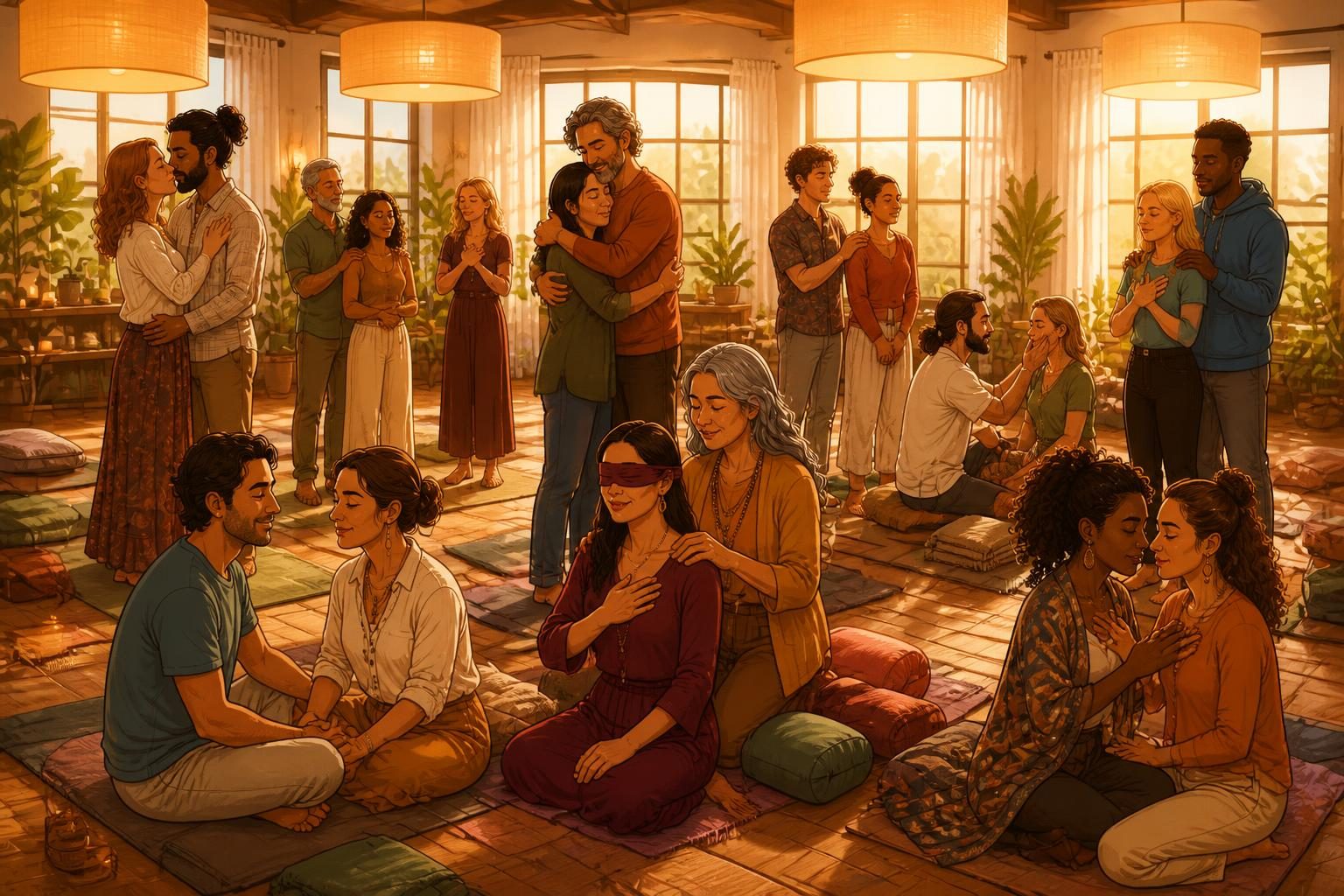 Illustration: Viele Menschen in einem warmen Raum unter goldenen Lampen – manche mit Augenmaske, manche in Umarmung oder im Blickkontakt.
