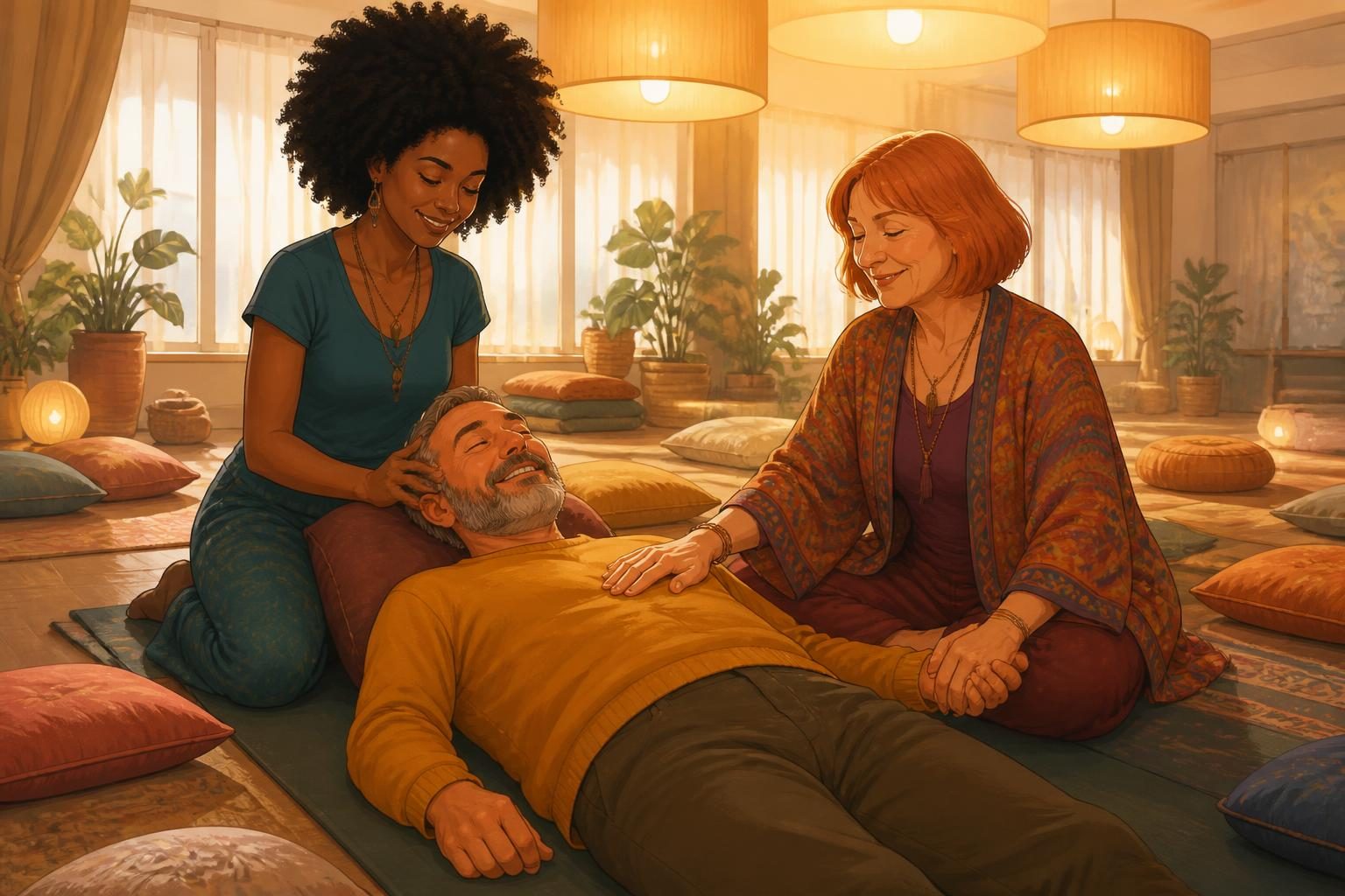 Illustration: Ein Mann liegt entspannt, eine Frau krault ihm den Kopf, eine zweite hält seine Hand und legt eine Hand auf sein Herz.