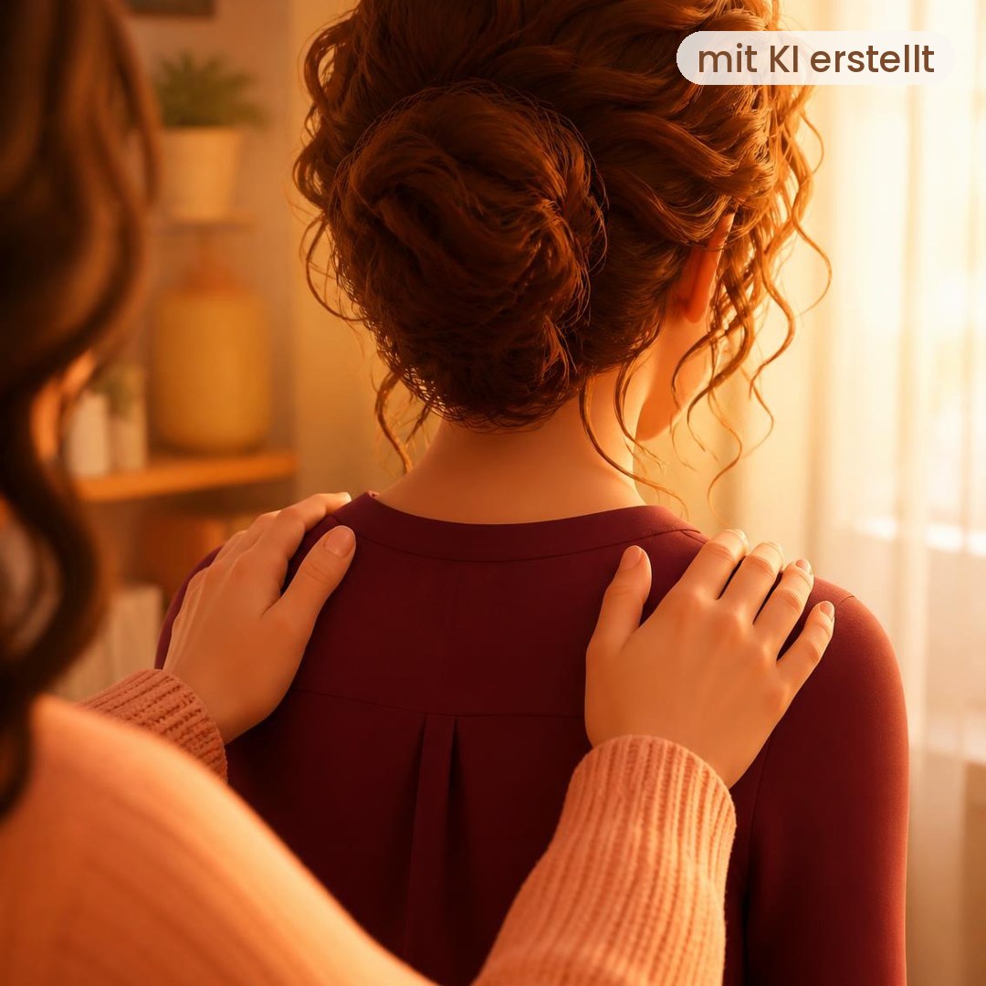 Illustration: Hände ruhen sanft auf den Schultern einer Frau – mit KI erstellt