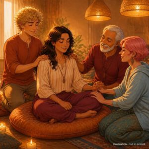 Illustration (mit KI erstellt) zu Die 1. Berührung mit Tantra, Samstag, 10. Oktober 2026: Eine Frau sitzt in der Mitte auf einem Kissen, drei Menschen legen ihr behutsam die Hände auf.