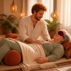 Illustration (mit KI erstellt) zu Blind Touch, Samstag, 24. Oktober 2026: Eine Frau mit Augenmaske liegt auf Kissen, ein Mann hält ihre Hand und legt eine Hand auf ihr Herz.