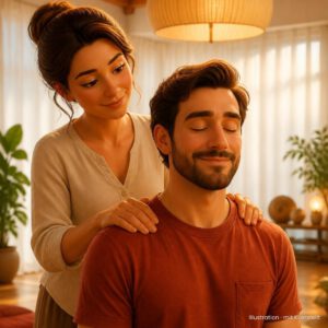 Illustration (mit KI erstellt) zu PartnerInnen Yoga, Freitag, 9. Oktober 2026: Eine Frau legt einem Mann von hinten die Hände auf die Schultern, er genießt mit geschlossenen Augen.