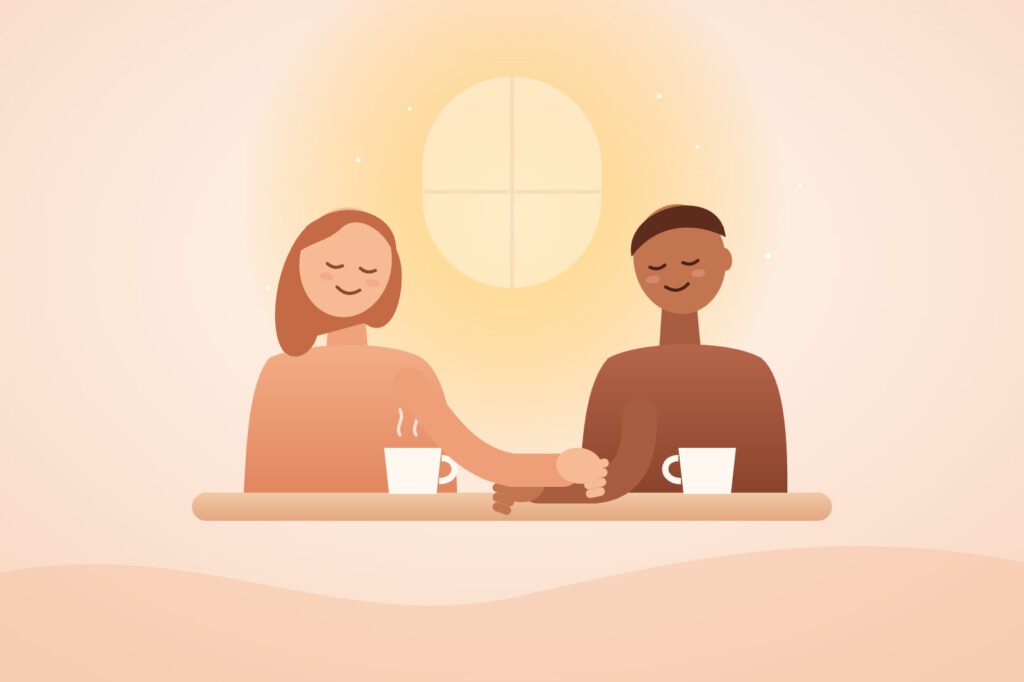 Zeichnung: Am Frühstückstisch liegt eine Hand kurz auf dem Unterarm der anderen Person.